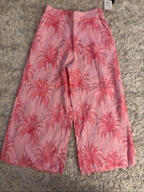 Tahari Pink Palm-Print Cropped Wide-Leg Pants